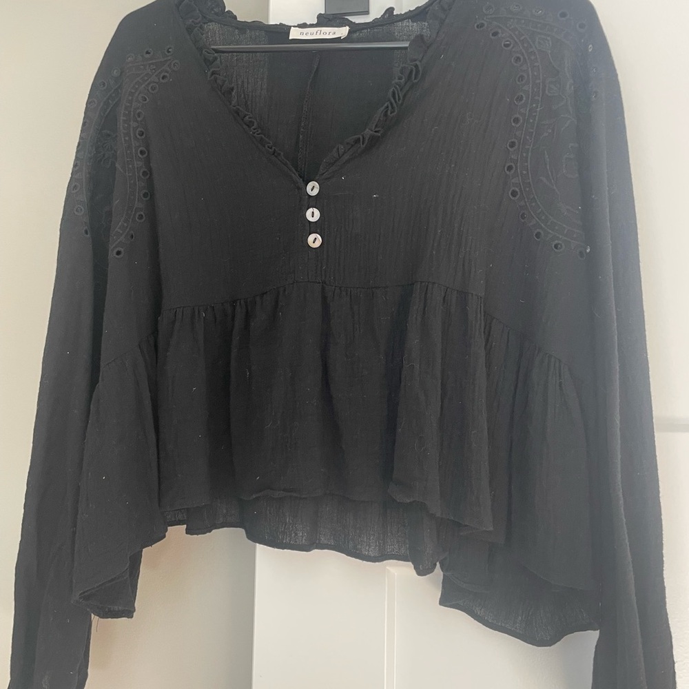 Neuflora - Black Peasant Blouse with Eyelet Detail